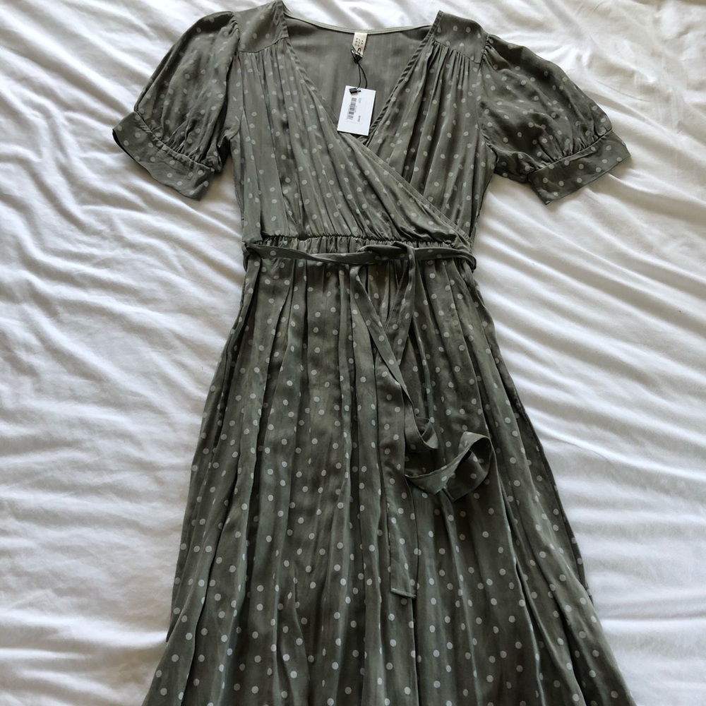 Faux wrap polka-dot midi dress